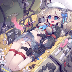 Rule 34 | 1girl, @ @, absurdres, animal penis, arms behind back, ball gag, black footwear, blue eyes, blue neckerchief, bound, breasts, censored, character request, commentary request, dildo, full body, gag, girls&#039; frontline, grey hair, grey skirt, heart, heart censor, highres, hitachi magic wand, imazawa, knotted penis, long hair, lying, medium breasts, miniskirt, navel, neckerchief, on back, open mouth, paid reward available, penis, plaid, plaid skirt, pleated skirt, restrained, sex toy, shoe soles, side ponytail, skirt, solo, variant set, vibrator, wavy mouth, white headwear