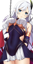 Rule 34 | 1girl, arms behind back, artist name, bdsm, blue eyes, blush, bondage, bound, breasts, cape, cecilia schariac, chain, commentary, dated, english commentary, eyebrows, hair between eyes, hair ornament, highres, honkai (series), honkai impact 3rd, sheita, white hair