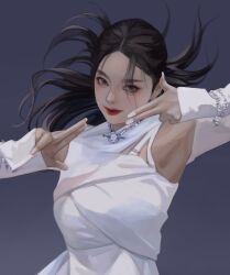 Rule 34 | 1girl, absurdres, aespa, armpits, black eyes, black hair, blush, commentary, dancing, detached sleeves, dress, finger gun, floating hair, head tilt, highres, k-pop, karina (aespa), lipstick, long sleeves, looking at viewer, makeup, making-of available, procreate (medium), real life, red lips, sleeves past wrists, smile, solo, symbol-only commentary, white dress, yubbai