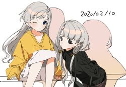 Rule 34 | 2girls, animal ears, aran sweater, arm support, black sweater, blush, braid, braided bangs, breasts, brown eyes, cable knit, cleavage, closed mouth, colored shadow, dated, dot nose, grey hair, hair ribbon, hisakawa hayate, hisakawa nagi, idolmaster, idolmaster cinderella girls, idolmaster cinderella girls starlight stage, jacket, knees up, leaning forward, long hair, long sleeves, looking at viewer, low twintails, medium breasts, multiple girls, one eye closed, parted lips, ribbon, shadow, siblings, sisters, sitting, skirt, small breasts, sweater, twins, twintails, very long hair, white background, white skirt, wwwrkgk, yellow eyes, yellow jacket, yellow ribbon