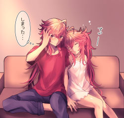 Rule 34 | 1boy, 1girl, ahoge, blouse, blush, casual, closed eyes, fate/grand order, fate (series), hair ornament, hand on own head, highres, indoors, leaning on person, long hair, orange hair, rama (fate), red eyes, red hair, red shirt, satoimo (3311 mi), shirt, sita (fate), sitting, sleeping, translated, trap, twintails, very long hair