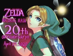 Rule 34 | 1boy, anniversary, belt, blonde hair, blue eyes, brown belt, commentary request, copyright name, dated, fairy, from side, green headwear, green shirt, hat, highres, holding, holding mask, hylian shield, link, looking at viewer, male focus, mask, unworn mask, nintendo, parted bangs, parted lips, pointy ears, sheath, shield, shield on back, shirt, short sleeves, tatl, the legend of zelda, the legend of zelda: majora&#039;s mask, unsheathed, upper body, utsuse