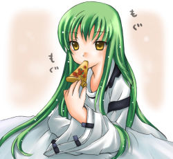 Rule 34 | 00s, c.c., code geass, eating, food, green hair, long hair, pizza, pizza slice, solo, straitjacket, yellow eyes