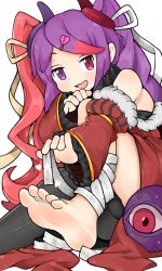 Rule 34 | 1girl, absurdres, feet, highres, menthako, misaki (princess connect!), multicolored hair, princess connect!, purple eyes, purple hair, red hair, ribbon hair, soles, solo, toes