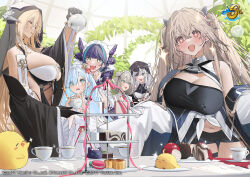 Rule 34 | &gt; &lt;, + +, 6+girls, absurdres, anchorage (azur lane), animal ears, aqua eyes, azur lane, bare shoulders, black dress, black gloves, black hair, black shorts, blonde hair, blue eyes, blue hair, breast cutout, breasts, cake, cake slice, cheshire (azur lane), cleavage, cleavage cutout, clothing cutout, crown, cup, decantering, dress, elbe (azur lane), fake animal ears, food, framed breasts, frilled hairband, frills, from side, gloves, grey hair, hair between eyes, hair bun, hair over one eye, hairband, half gloves, highres, holding, holding saucer, holding teapot, horns, huge breasts, implacable (azur lane), indoors, janus (azur lane), kaoruko (unkrk55), large breasts, light blue hair, light brown hair, long hair, long sleeves, macaron, maid headdress, manchester (azur lane), manjuu (azur lane), mini crown, multicolored hair, multiple girls, navel, nun, official art, open mouth, pink ribbon, purple hair, red eyes, revealing clothes, ribbon, saucer, scared, second-party source, shorts, sleeves past fingers, sleeves past wrists, streaked hair, tea, tea party, teacup, teapot, tiered tray, twintails, two-tone dress, two-tone hair, veil, very long hair, very long sleeves, white dress, white horns, wide sleeves