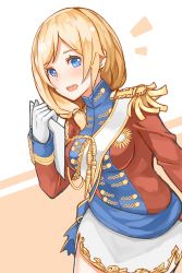 Rule 34 | 15k, 1girl, :d, aiguillette, blonde hair, blue eyes, blush, buttons, double-breasted, epaulettes, eyebrows, gloves, hair over shoulder, highres, holding, jacket, long sleeves, looking at viewer, miniskirt, notepad, open mouth, red jacket, remodel (warship girls r), rodney (warship girls r), sash, simple background, sketch, skirt, smile, solo, teeth, upper body, warship girls r, white gloves, white skirt