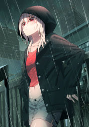 Rule 34 | 1girl, absurdres, bad id, bad pixiv id, black cardigan, breasts, cardigan, collarbone, dutch angle, grey shorts, hair between eyes, highres, hood, hood up, hooded cardigan, koh rd, long hair, looking up, midriff, navel, open cardigan, open clothes, original, outdoors, parted lips, rain, red eyes, red shirt, shiny skin, shirt, short shorts, shorts, silver hair, small breasts, solo, stomach, tears