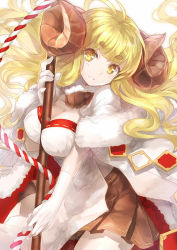 Rule 34 | 10s, 1girl, ahoge, anila (granblue fantasy), bad id, bad pixiv id, between breasts, blonde hair, blush, breasts, cleavage, draph, female focus, fur trim, granblue fantasy, horns, large breasts, long hair, looking at viewer, sakuyosi, sheep horns, simple background, skirt, smile, solo, yellow eyes