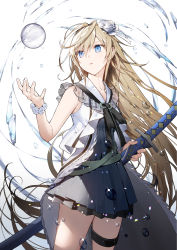 Rule 34 | 1girl, absurdres, bare arms, bare shoulders, black ribbon, blonde hair, blue eyes, borrowed character, borrowed clothes, bubble, check copyright, collarbone, commentary request, copyright request, dress, flower, hair flower, hair ornament, highres, holding, holding sheath, holding weapon, katana, kitada mo, long hair, messy hair, original, pleated dress, ribbon, sheath, sleeveless, solo, sword, thigh strap, very long hair, water, weapon, white background, white flower