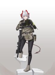Rule 34 | absurdres, ammunition pouch, arknights, assault rifle, black leggings, boots, bulletproof vest, camouflage, camouflage jacket, combat boots, gloves, gun, highres, jacket, leggings, magazine (weapon), military, military jacket, pouch, rangertle, rifle, shoes, sneakers, tactical clothes, tail, w (arknights), weapon