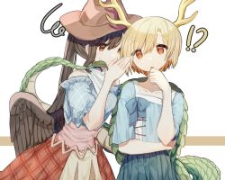 Rule 34 | !?, 2girls, antlers, argyle, bare shoulders, black hair, black wings, blonde hair, blue bow, blue bowtie, blue shirt, blue skirt, bow, bowtie, brown eyes, brown headwear, clenched hand, collarbone, commentary, covering own mouth, cowboy hat, dragon girl, dragon tail, feathered wings, frilled skirt, frilled sleeves, frills, green scales, hand on own arm, hand on own chin, hat, highres, horns, horse girl, kicchou yachie, kurokoma saki, layered shirt, long hair, long sleeves, multiple girls, neckerchief, off-shoulder shirt, off shoulder, open mouth, pink shirt, plaid, plaid skirt, ponytail, puffy short sleeves, puffy sleeves, red eyes, red skirt, shirt, short hair, short sleeves, skirt, slit pupils, square neckline, squiggle, sweatdrop, tail, touhou, whispering in ear, white background, white neckerchief, wings, yuejinlin