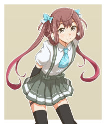 Rule 34 | 10s, 1girl, arm warmers, arms behind back, asagumo (kancolle), ascot, black thighhighs, brown hair, collared shirt, gradient hair, grey eyes, grey skirt, hair ribbon, kantai collection, kinosita ginkou, looking at viewer, multicolored hair, pleated skirt, ribbon, school uniform, shirt, simple background, skirt, smile, solo, suspenders, thighhighs, twintails