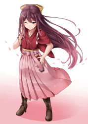 Rule 34 | 10s, 1girl, ;), adjusting hair, blush, boots, bow, brown footwear, closed mouth, commentary request, cross-laced footwear, floating hair, full body, hair bow, hakama, hakama skirt, hand in own hair, hand on own hip, high heel boots, high heels, highres, hip vent, japanese clothes, kamelie, kamikaze (kancolle), kantai collection, kimono, knee boots, lace-up boots, legs apart, long hair, long sleeves, looking away, looking to the side, one eye closed, pink bow, pink hakama, purple eyes, purple hair, red kimono, skirt, smile, solo, standing, tasuki, very long hair, wide sleeves, wind, yellow bow