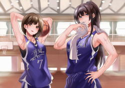 Rule 34 | 2girls, armpits, arms behind head, arms up, ball, bare shoulders, basketball, basketball (object), basketball court, basketball uniform, blue eyes, blunt bangs, brown hair, closed mouth, gym, hand on own hip, high ponytail, holding, holding ball, inue ao, long hair, multiple girls, open mouth, original, ponytail, short hair, shorts, sidelocks, sportswear, standing, sweat, towel, white towel, wiping sweat