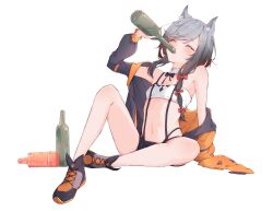 Rule 34 | 1girl, absurdres, airenif, animal ears, bandeau, bare legs, bare shoulders, beer bottle, black bow, black bowtie, black shorts, bow, bowtie, closed eyes, commentary, commission, crescent, crescent hair ornament, detached collar, drinking, full body, grey hair, hair ornament, highres, hizuki hino, indie virtual youtuber, jacket, knee up, long hair, midriff, navel, open clothes, open jacket, orange jacket, pixiv commission, shoes, short shorts, shorts, simple background, sitting, two-sided fabric, two-sided jacket, virtual youtuber, white background, wolf ears
