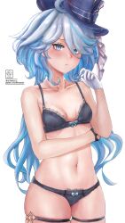 Rule 34 | 1girl, bags under eyes, bare arms, bare shoulders, black bra, black panties, blue eyes, blue hair, blue hat, bra, breasts, commentary request, cowboy shot, dime-san, furina (genshin impact), genshin impact, gloves, hat, highres, long hair, looking at viewer, navel, panties, small breasts, solo, standing, stomach, thigh strap, top hat, underwear, underwear only, very long hair, white gloves