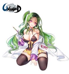 Rule 34 | 1girl, absurdres, black thighhighs, blush, breasts, breath, eyewear hang, unworn eyewear, fangs, full body, gloves, green hair, heart, heart-shaped pupils, highres, lab coat, large breasts, long hair, long sleeves, looking at viewer, maett, miniskirt, off shoulder, official art, on bed, one side up, parted lips, pink eyes, school nurse, skirt, smile, solo, symbol-shaped pupils, syringe, thighhighs, unleashed, white gloves, yandere
