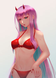 Rule 34 | 10s, 1girl, bad id, bad pixiv id, bikini, breasts, darling in the franxx, green eyes, hands on own hips, highres, horns, lips, long hair, medium breasts, nail polish, navel, oldlim, pink hair, red bikini, red nails, solo, swimsuit, zero two (darling in the franxx)