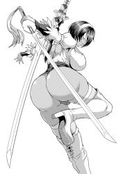 Rule 34 | 1girl, ass, back cutout, blindfold, boots, breasts, clothing cutout, commentary request, dark-skinned female, dark skin, feather trim, greyscale, hairband, heart cutout, high heel boots, high heels, holding, holding sword, holding weapon, huge ass, huge weapon, katana, large breasts, legs, legs up, leotard, lips, long sleeves, mifune seijirou, mole, mole under mouth, monochrome, nier:automata, nier (series), parted lips, puffy sleeves, shiny skin, short hair, simple background, solo, soul calibur, sword, thick thighs, thigh boots, thighhighs, thighs, weapon, wide hips, 2b (nier:automata), 2p (nier:automata)