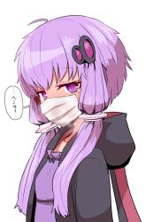 Rule 34 | animal hood, dress, hair ornament, hood, hooded jacket, hoodie, jacket, looking at viewer, low twintails, mask, mouth mask, open clothes, open hoodie, purple dress, purple eyes, purple hair, rabbit hood, short hair with long locks, sidelocks, simple background, solo, sumiyao (amam), surgical mask, twintails, upper body, vocaloid, voiceroid, white background, yuzuki yukari