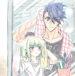 2boys absurdres androgynous asymmetrical_hair blue_eyes blue_hair blush casual drying drying_hair galo_thymos green_hair height_difference highres kisekisaki lio_fotia mirror multiple_boys promare purple_eyes shirt sidecut spiked_hair t-shirt toothbrush toothpaste towel towel_on_head undercut wet wet_hair