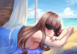 Rule 34 | 1girl, absurdres, beach, bed sheet, black blindfold, blindfold, blush, breasts, brown hair, cloud, commission, crossed arms, curtains, day, facing viewer, highres, indie virtual youtuber, indoors, long hair, lost (vtuber), lying, medium breasts, naked sheet, nude, ocean, on stomach, open window, pillow, sahara1127, skeb commission, sky, smile, solo, sparkle, under covers, virtual youtuber, water, window, wooden wall