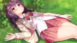Rule 34 | 1girl, blazer, blush, bow, bowtie, breasts, brown eyes, brown hair, brown jacket, cleavage, collared shirt, commentary request, day, dress shirt, dutch angle, fingernails, grass, hair between eyes, hand up, jacket, long hair, lying, medium breasts, on back, on grass, open clothes, open jacket, open shirt, original, outdoors, parted lips, plaid, plaid bow, plaid bowtie, plaid neckwear, plaid skirt, pleated skirt, red bow, red bowtie, red skirt, school uniform, shirt, skirt, solo, umitonakai, white shirt