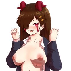Rule 34 | 1girl, absurdres, brown hair, crr001, dab on darkness!, ear piercing, fang, formal, hair ornament, hands up, highres, kard sens, long hair, long sleeves, looking at viewer, my inner darkness is a hot anime girl, nipples, open clothes, open mouth, open shirt, piercing, red eyes, smile, solo, standing, straight hair, suit, upper body