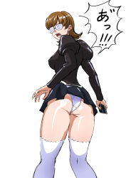 Rule 34 | 1girl, agent aika, aika (series), ass, black delmo, black jacket, black skirt, breasts, brown hair, commentary request, crotch seam, delmo, delmogeny uniform, extra, floppy disk, from behind, glasses, glasses delmo, highres, holding, jacket, juliet sleeves, latex, long sleeves, mamesi (suhk8583), medium breasts, minidisc, open mouth, panties, pantyshot, pleated skirt, puffy sleeves, shiny clothes, short hair, skirt, solo, speech bubble, standing, swirly glasses delmo, thighhighs, underwear, uniform, wedgie, white panties, white thighhighs