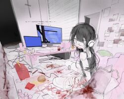 Rule 34 | 1girl, bandaged arm, bandaged leg, bandages, black camisole, black hair, blood, blood on clothes, blood on face, blood on hands, blood stain, blood vial, blunt bangs, burger, camisole, can, computer, cross, crucifix, darkness, doorway, drink can, empty eyes, food, french fries, frills, glasses, grey eyes, happy meal, headphones, highres, keyboard (computer), laptop, long hair, looking at viewer, looking back, mcdonald&#039;s, messy hair, monitor, notebook, opaque glasses, original, pale skin, paper, perspective, pill, pill bottle, pillow, rope, self-harm, self-harm scar, sitting, soda can, solo, table, u-u (uni 4040), wariza, wide shot, wire, ziploc bag