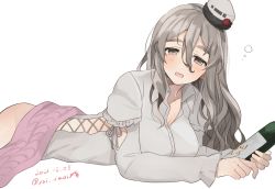 Rule 34 | 1girl, absurdres, blush, bottle, breasts, brown eyes, dated, drunk, grey hair, grey shirt, hair between eyes, hat, highres, holding, holding bottle, kantai collection, large breasts, long hair, long sleeves, looking at viewer, mini hat, open mouth, pola (kancolle), shirt, simple background, solo, toriniku senshi chikinman, twitter username, white background, white hat