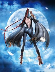 Rule 34 | 1girl, 3d, absurdres, ankle gun, artist request, ass, back, backless outfit, bayonetta, bayonetta, bayonetta (series), black hair, bodysuit, chain, cloud, contrapposto, feathers, finger on trigger, from behind, full body, full moon, gloves, gun, hair ribbon, handgun, high heels, highres, holding, holding gun, holding weapon, leather, long hair, long legs, moon, night, night sky, official art, outdoors, quadruple wielding, ribbon, runes, shoes, sky, solo, standing, strap, very long hair, weapon, white gloves