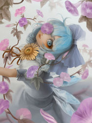 Rule 34 | 1girl, blue dress, blue eyes, blue hair, cirno, dress, eyelashes, flower, hair ribbon, hidden star in four seasons, highres, ice, ice wings, leaf, lips, looking at viewer, miyako yamamoto, one eye covered, plant, puffy sleeves, ribbon, short hair, short sleeves, smile, solo, sunflower, tan, tanned cirno, touhou, vines, wings