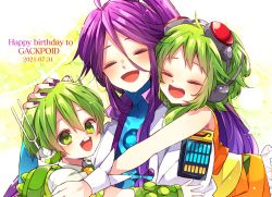 Rule 34 | 1girl, 2boys, :d, arm warmers, backpack, bag, belt, blush, buck teeth, character name, closed eyes, cropped vest, dated, facing viewer, frills, goggles, goggles on head, green eyes, green hair, gumi, hair ribbon, hand on another&#039;s head, happy birthday, headphones, hug, jacket, kaho 0102, kamui gakupo, layered clothes, long hair, looking up, multiple boys, nail polish, necktie, open mouth, ponytail, purple hair, ribbon, robot ears, ryuuto (vocaloid), short hair, short hair with long locks, short sleeves, sidelocks, smile, teeth, tress ribbon, turtleneck, very long hair, vest, vocaloid, wrist cuffs