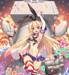 Rule 34 | 10s, 1girl, :3, anchor, arm up, armpits, black panties, blonde hair, brown eyes, ecell, elbow gloves, explosion, flower, gloves, hair ornament, innertube, kantai collection, long hair, looking at viewer, microskirt, navel, open mouth, panties, pantyshot, personification, petals, rensouhou-chan, sailor collar, shimakaze (kancolle), skirt, smile, solo, star (symbol), striped clothes, striped thighhighs, swim ring, thighhighs, underwear, upskirt, white gloves, wide hips, | |
