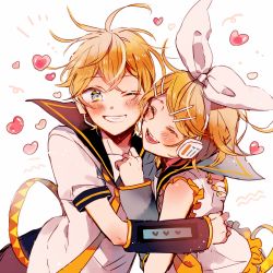 Rule 34 | 1boy, 1girl, ;), ^ ^, belt, blonde hair, blue eyes, blush, brother and sister, clenched teeth, closed eyes, detached sleeves, closed eyes, frilled sleeves, frills, hair ornament, hair ribbon, hairclip, headset, heart, hug, kagamine len, kagamine rin, looking at another, makoji (yomogi), one eye closed, open mouth, puffy short sleeves, puffy sleeves, ribbon, sailor collar, shirt, short hair, short sleeves, siblings, simple background, smile, teeth, twins, upper body, vocaloid, white background, white ribbon, white shirt