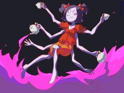 Rule 34 | 1girl, bow, breasts, colored skin, extra arms, extra eyes, fang, high heels, highres, arthropod girl, monster girl, muffet, purple skin, ribbon, spider girl, tea, teapot, undertale, wink