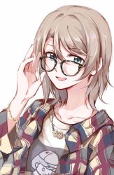 Rule 34 | 1girl, absurdres, blue eyes, bracelet, casual, gemi 25, glasses, grey hair, highres, jewelry, looking at viewer, love live!, love live! sunshine!!, necklace, open mouth, shirt, short hair, smile, solo, t-shirt, upper body, watanabe you, white background