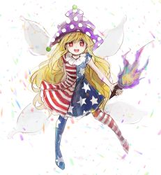 Rule 34 | 1girl, american flag dress, american flag legwear, blonde hair, clownpiece, dress, fairy wings, full body, hat, highres, holding, jester cap, long hair, looking at viewer, neck ruff, open mouth, pantyhose, polka dot, purple hat, red eyes, short sleeves, simple background, smile, solo, star-shaped pupils, star (symbol), star print, striped, symbol-shaped pupils, tama (hiroshige 36), torch, touhou, very long hair, wavy hair, white background, wings