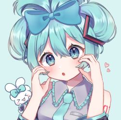 Rule 34 | &gt; &lt;, 1girl, :o, blue eyes, blue hair, blush, bow, cinnamiku, cinnamoroll, collared shirt, cupping hands, detached sleeves, hair bow, hair ornament, hands on own cheeks, hands on own face, hatsune miku, highres, kohaku aozora, long sleeves, nail polish, necktie, open mouth, own hands together, sanrio, shirt, sleeveless, sleeveless shirt, tied ears, updo, vocaloid