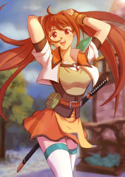 Rule 34 | 1girl, arms behind head, blurry, breasts, brown hair, depth of field, eiyuu densetsu, estelle bright, fingerless gloves, gloves, highres, katana, lens flare, long hair, looking at viewer, medium breasts, miniskirt, open mouth, pouch, red eyes, shoulder pads, skirt, skyfiss, smile, solo, sora no kiseki, sword, thighhighs, twintails, very long hair, weapon, zettai ryouiki