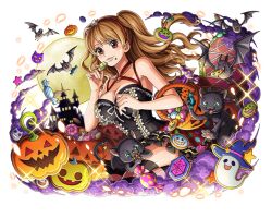 Rule 34 | 1girl, bat (animal), black cat, brown eyes, brown hair, candy, cat, charlotte pudding, food, full moon, halloween, jack-o&#039;-lantern, long hair, moon, night, official art, one piece, one piece treasure cruise, twintails