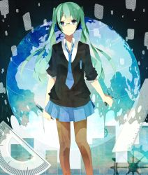 Rule 34 | 1girl, bad id, bad pixiv id, blue eyes, chisumi, earth (planet), globe, green hair, hatsune miku, highres, necktie, pantyhose, protractor, razor, ruler, scissors, skirt, smile, solo, twintails, vocaloid