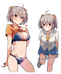 Rule 34 | 1girl, ahoge, bad id, bad pixiv id, blue bra, blue panties, blue skirt, bow, bow bra, bow panties, bra, brown eyes, closed mouth, clothes lift, cropped legs, dress shirt, grey hair, hair between eyes, heart, ikeuchi tanuma, looking at viewer, multiple views, navel, orange shirt, panties, panty pull, pleated skirt, shirt, shirt lift, short sleeves, simple background, skirt, thighs, twintails, underwear, white background, white panties, white shirt