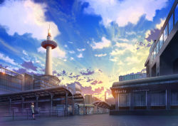 Rule 34 | 1girl, black footwear, black skirt, blue coat, brown hair, building, cityscape, cloud, coat, commentary request, day, english text, fence, highres, japan, kyoto, kyoto tower, long hair, long skirt, niko p, original, scenery, shirt, shoes, skirt, sky, socks, solo, sunlight, tower, white shirt, white socks