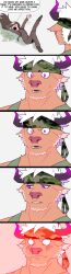 Rule 34 | 1boy, 1girl, 5koma, anger vein, angry, animal ears, blunt bangs, blush, brown footwear, brown fur, brown hair, camouflage, camouflage headwear, comic, commentary, cow ears, cow horns, english commentary, english text, facial hair, furry, furry male, goatee, green tank top, headband, highres, horns, leg lift, lisuchi, long hair, protagonist 2 (housamo), minotaur, muscular, muscular male, necktie, notice lines, open mouth, purple eyes, purple horns, red necktie, school uniform, shennong (housamo), short hair, sidelocks, sparkle, sweatdrop, tank top, tokyo houkago summoners, white hair