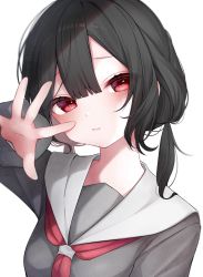 Rule 34 | 1girl, aoi migo, asymmetrical bangs, black hair, blunt bangs, blurry, blush, close-up, closed mouth, depth of field, dot nose, grey sailor collar, grey shirt, hair between eyes, highres, long hair, long sleeves, looking at viewer, neckerchief, open hand, original, portrait, red eyes, red neckerchief, sailor collar, shirt, simple background, solo, twintails, upper body, white background