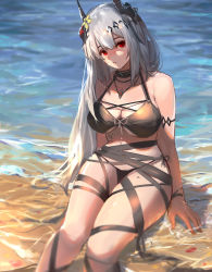 Rule 34 | 1girl, absurdres, arknights, beach, bikini, black bikini, black collar, blush, breasts, cleavage, collar, feet out of frame, female focus, flower, grey hair, hair flower, hair ornament, highres, infection monitor (arknights), large breasts, long hair, looking at viewer, material growth, mkt (pixiv15187870), mudrock (arknights), oripathy lesion (arknights), parted lips, partially submerged, red eyes, sand, sitting, solo, swimsuit, thighs, water, yellow flower
