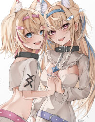 Rule 34 | 2girls, animal ear fluff, animal ears, belt, belt collar, black collar, blonde hair, blue belt, blue eyes, blue hair, blue nails, blush, breasts, cleavage, cleavage cutout, clothing cutout, collar, cropped shirt, dog ears, dog girl, dress, fuwawa abyssgard, fuwawa abyssgard (1st costume), hair ornament, hairpin, highres, holding hands, hololive, hololive english, interlocked fingers, large breasts, long hair, looking at viewer, medium hair, mococo abyssgard, mococo abyssgard (1st costume), multicolored hair, multiple girls, nail polish, open mouth, pink belt, pink eyes, pink hair, pink nails, shirt, siblings, sidelocks, sisters, smile, streaked hair, takida 185, twins, two side up, virtual youtuber, white background, white dress, white shirt, x hair ornament