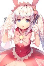 Rule 34 | 1girl, :o, aile (crossroads), animal ears, blue eyes, blunt bangs, bow, commentary request, fake animal ears, gloves, hair bobbles, hair ornament, hairband, highres, kanna kamui, kobayashi-san chi no maidragon, lolita hairband, long hair, looking at viewer, magical girl, puffy short sleeves, puffy sleeves, rabbit ears, short sleeves, sidelocks, signature, simple background, solo, teeth, twintails, upper teeth only, white background, white gloves, white hair
